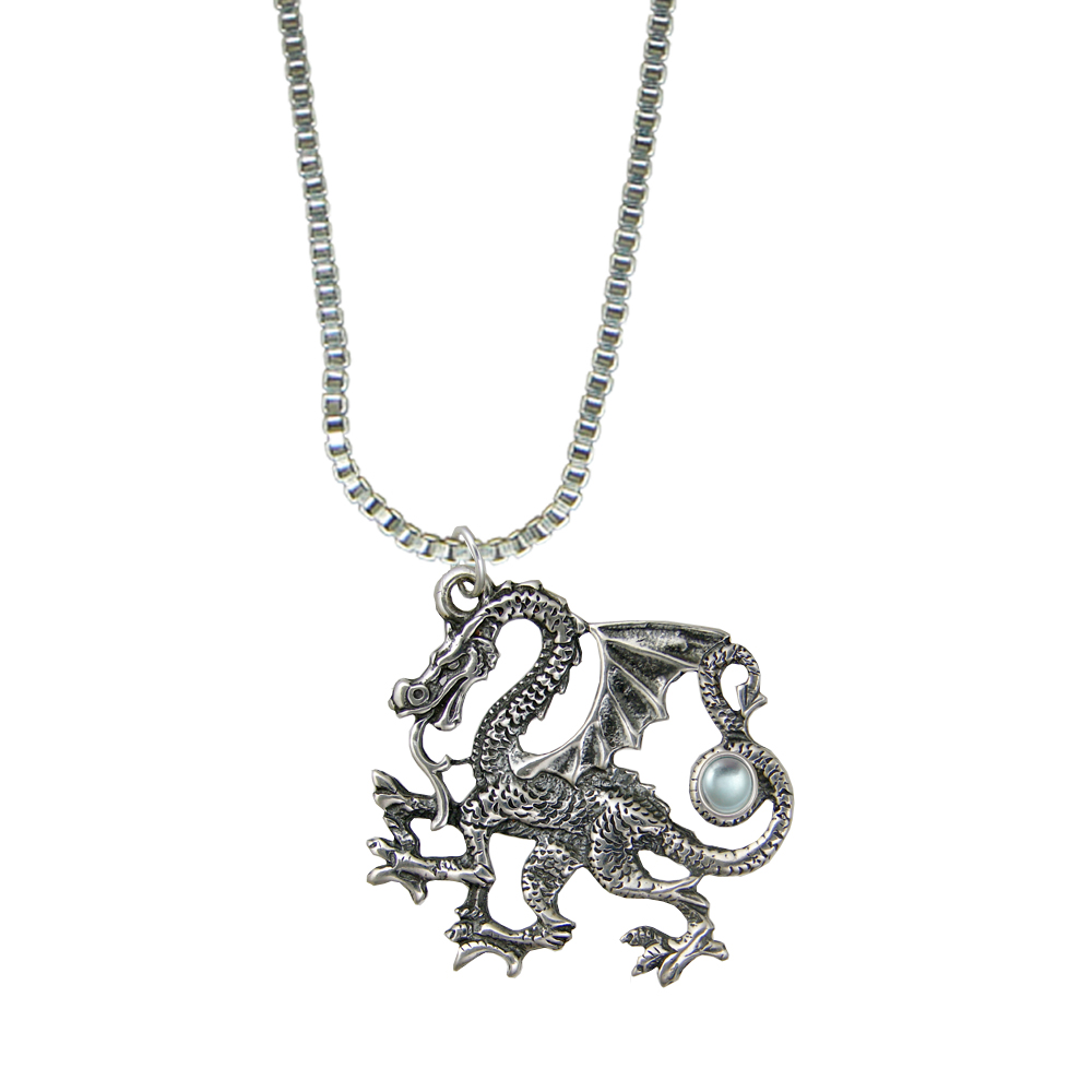 Sterling Silver Large Fighting Dragon Pendant With Blue Topaz